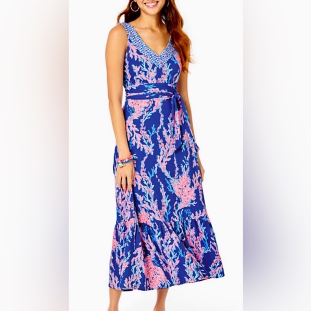 Lilly Pulitzer Madsen Borealis Blue Swim On Over Midi Dress with belt Size XL